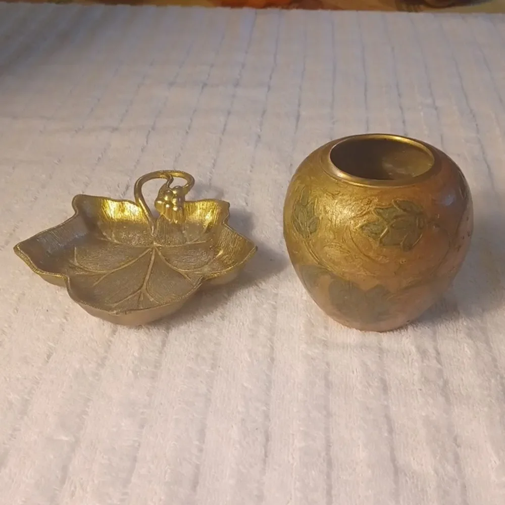 Brass Vase -Leaf Tray 80,Vintage Etched Floral Painted Group Of 2 One Price